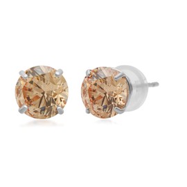 Jewelili 10K White Gold 6 MM Round Cut Champagne Cubic Zirconia Solitaire Stud Earrings