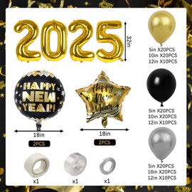 New Years Eve Party Supplies 2025 Set, Happy New Year 2025 Foil Balloons 120 New Year Latex Balloons and Happy New Year Foil Backdrop Curtains Banner for New Years Eve Party Decorations Supplies