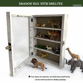 Large Shadow Box with Shelves, 11x16 Wooden Shadow Box Display Cases with Acrylic Window, 3 Removable Shelves and Linen Back, for Displaying Photo Souvenir Collection(Rustic White)