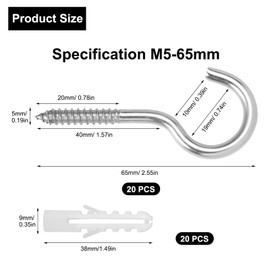 Pack of 20 Hook Screw Set, M5 x 65 mm Screw Hooks, Stainless Steel, Robust Ceiling Hooks, Screw Eyes, Hooks for Screwing Self-Tapping Eye Screw Hooks, Open Screw Hooks for Home, Office, Outdoor