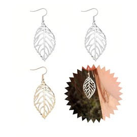 QLEUIFT 2 Pairs Boho Hollow Leaf Earrings Large Leaf Earrings Filigree Leaf Hook Earrings Exaggerated Leaf Dangle Earrings Statement Leaf Earrings Jewellery for Women and Girls, Gold and Silver