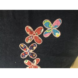 Embroidered Dark Denim Fabric Non Stretch Colorful Flowers Daisies 20" L X 58” W