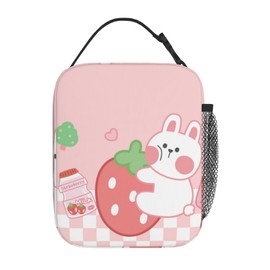 Pink Checkered Rabbit Lunch Bag Insulated Lunch Box Reusable Lunch Tote Bag For Kids Boys Girls Women Men Work Picnic