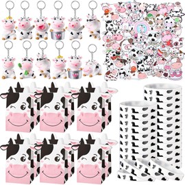 122 Pcs Cow Party Favors Supplies Include Cow Keychains and Silicone Bracelets Party Paper Bags Treat Bags Vinyl Stickers for Girls Kids Farm Animals Cowboy Birthday Supplies