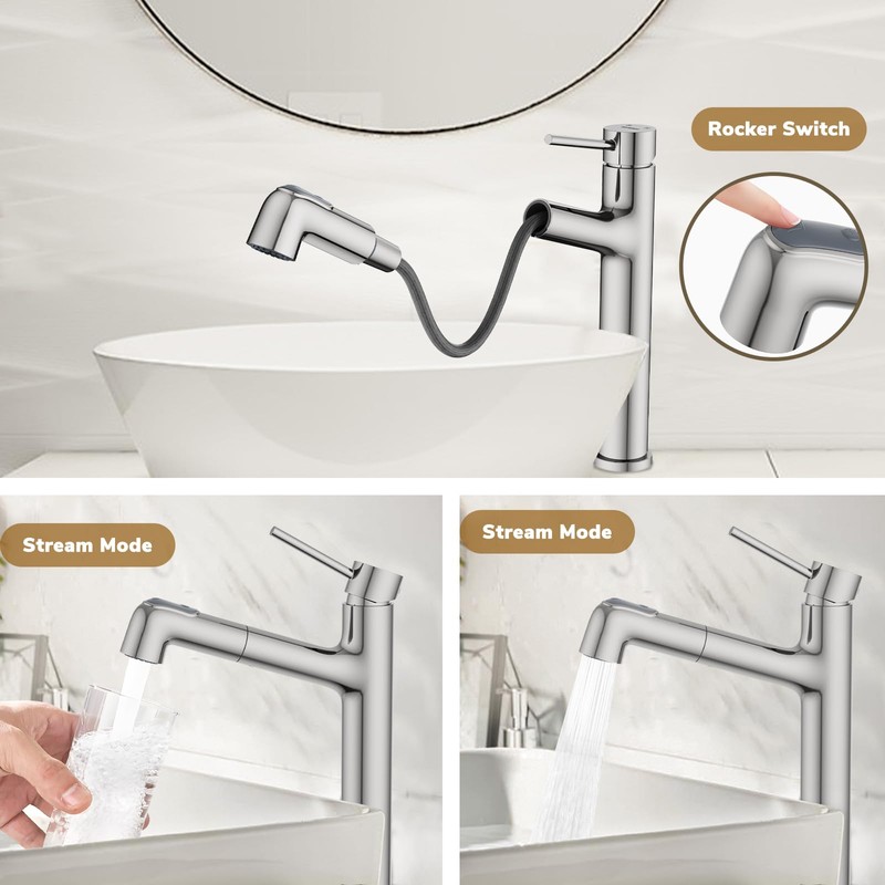 Vessel Sink Faucet with Pull Out Sprayer, Hurran Tall Bathroom