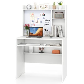 Giantex White Computer Desk with Hutch, Modern Computer Workstation PC Laptop Desk with Bookshelf, Keyboard Tray, Magnetic Whiteboard & Cable Hole, Writing Desk for Small Space, Bedroom, Home Office