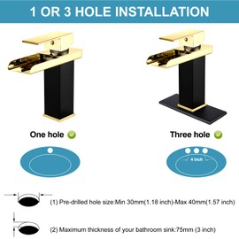 Midanya Waterfall Bathroom Faucet,Single Handle Lavatory Vanity Sink Faucets 1 or 3 Hole Open Spout with Water Hose and Pop Up Drain, Waterfall Spout,Black and Polish Gold