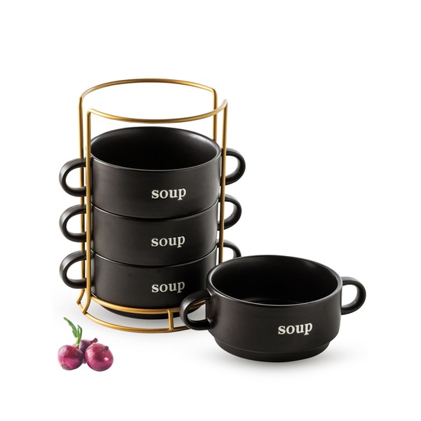 Soup Bowls with Handles, 20 Oz French Onion Soup Crock Porcelain Soup Bowls with Rack Stackable Serving Bowls for Kitchen, Halloween, Thanksgiving, Chili, Beef Stew, Cereal, Pot Pies, Set of 4, Black