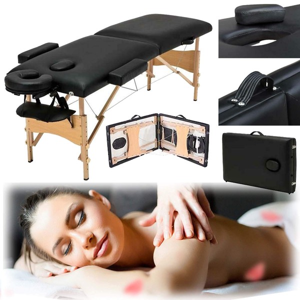 Massage Table, Deluxe Lightweight Massage Bed, Folding Beauty Bed Massage Therapy Couch Bed with Face Hole, Adjustable Wooden Legs, 500lb Capacity - Free Carry Bag, Portable