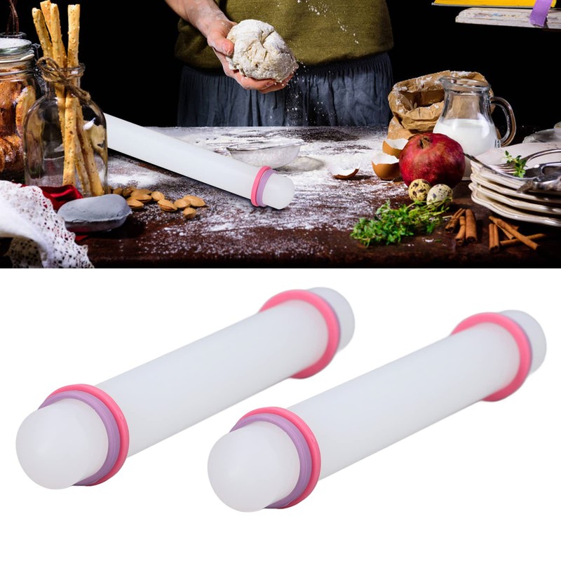 2Pcs Rolling Pin with Thickness Rings, Adjustable Plastic Rolling Pin