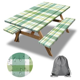 SAOLUIS Green Picnic Table Cover with Bench Covers, 3 Pcs Waterproof Elastic Picnic Table Cover Outdoor Camping Essentials, Windproof Fitted Tablecloth for Indoor Outdoor (Plaid, 72X30 Inch)
