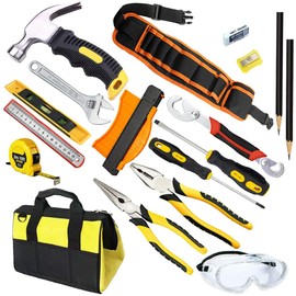 18-Piece Kids Real Tool Starter Kit with tool bag Hammer,Kids Safety Goggles, Pliers, Wrench,Screwdrivers,DIY Real Tools for Boys & Girls Beginner Learning Gift, Tool Belt Waist 22"-40"