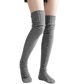 VIBILIA Thigh High Socks Cable Knit Boot Socks Over the Knee Extra Long Leg Warmers for Women Winter Warm Fashion - Grey