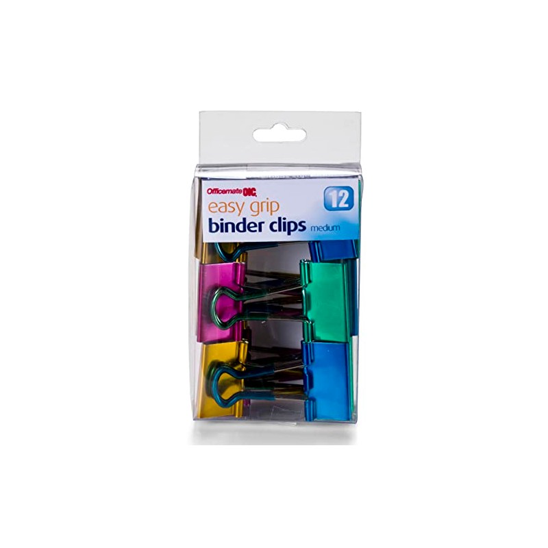 Officemate Easy Grip Medium Binder Clips, Assorted Metallic Colors, 12
