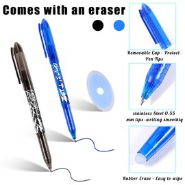 10 Pcs Erasable Gel Pens, 0.5mm Liquid Ink Gel Pens Quick-Drying Rollerball Pens with Eraser for School Office Students Adults (Blue, Black)
