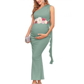 AISWI One Shouler Maternity Mermaid Dress with Flowing Ruffle Tassel Bodycon Pregnancy Dresses Baby Shower, Without Belt, Sage Green, Small