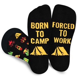 Funny Camp Socks for Men Women Dad Teenage Boys - BORN TO CAMP FORCED TO WORK Novelty Fun Funky Happy Silly Socks for Camper - Camping Essentials Fathers Day Birthday Gifts Christmas Stocking Filler