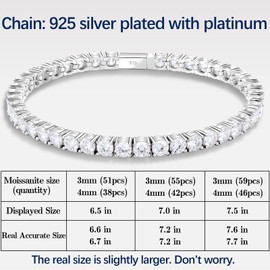 Moissanite Tennis Bracelet Bracelets for Women Men Sterling Silver 925 Diamond Bezel Pulsera White Gold Jewelry Gift for Lover Her Wife Mom Sister Mother Valentines Day Necklace Chain 3mm - 7 in