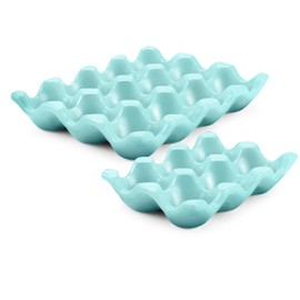 Flexzion Ceramic 12 + 6 Cups Egg Tray - 18 Porcelain Egg Holder Container Keeper Storage Organizer Decorative Serving Stand Serveware for Refrigerator Fridge Countertop Display Kitchen (Blue)
