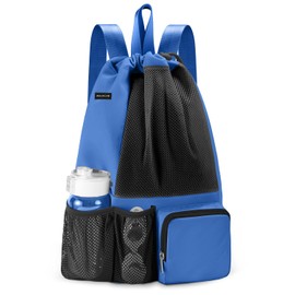 BAVELOE Swim Pool Bag with Wet Pocket, Mesh Drawstring Backpack for Beach, Swimming, Snorkeling, Gym for Women Men (Blue)