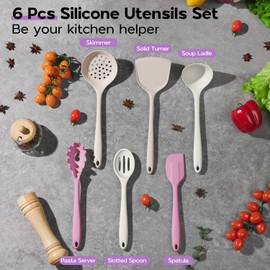 Onader Silicone Cooking Utensils Set 6 Pcs Kitchen Utensils for Cooking Heat Resistant Kitchen Gadgets Tools Set for Nonstick Cookware - 3 Mixed Color (Khaki & Pink & White)