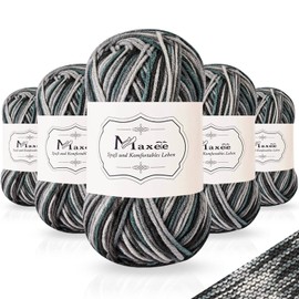 Maxee 250 g (5 x 50 g) Hand Knitting Yarn, Crochet Yarn, Colourful Gradient, Rainbow Acrylic Yarn for Knitting, Cotton Wool, Multicoloured Yarn for Knitting, Crochet and Crafts, 47 Black Grey Blue