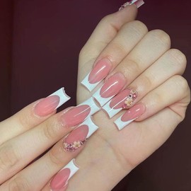 CEWEWP French Tip Press on Nails Square Coffin Fake Nails Long Pink Flower False Nails Pink Rhinestone Nail Charms Designs Press on Nail Summer Acrylic Full Cover Glue on Nails for Women Girls 24 Pcs