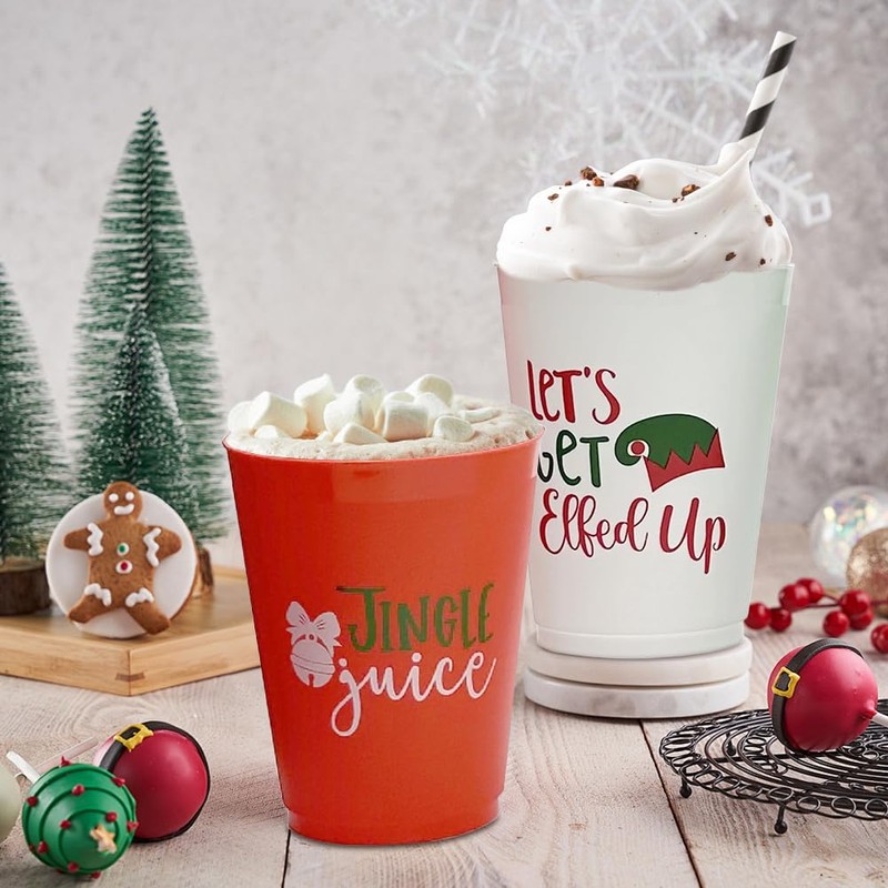 Cosiesnest 12Pcs Reusable Christmas Plastic Cups 450ML Red Party Cup