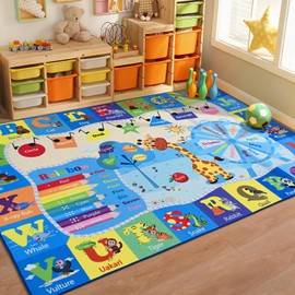 B BENRON Kids Rugs for Playroom Washable, Educational and Fun Learning Rugs with ABC Alphabet Animals Shapes, Baby Toddler Children's Play Mat for Bedroom Classroom Nursery, 5x7 Feet, Blue