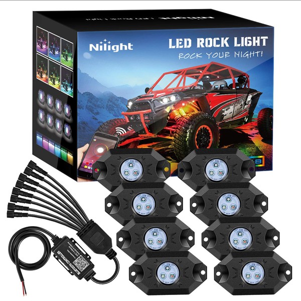 Nilight RGB LED Rock Lights Kit 8 pods Underglow Multicolor Neon Light Pod with Bluetooth App Control Timing Function Flashing Music Mode IP68 Exterior Wheel Well Light for ATV UTV