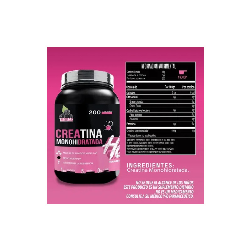 Creatina Suplemento Monohidratada Heragen 1kg 200 Servicios