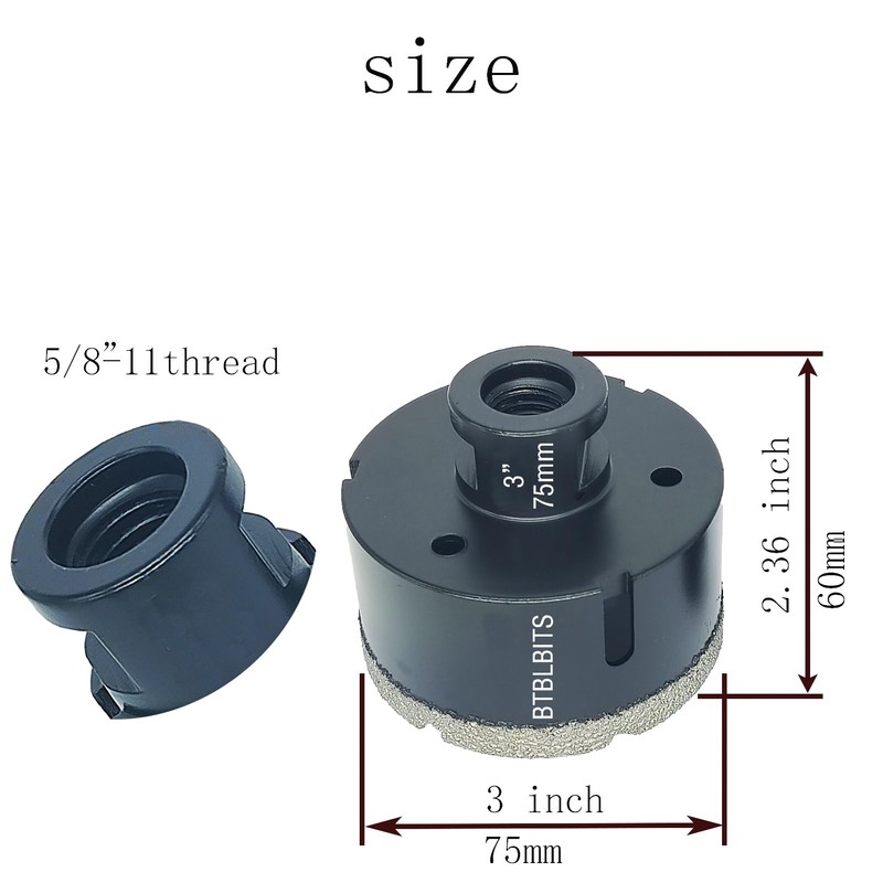 BTBLBITS 3'' Dry Diamond Core Drill Bit 75mm Tile Hole