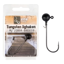 Zite Fishing Tungsten Jig Hook Set, Lead-Free Jig Heads with Fishing Hooks, 1/0-5/0 Matte Black, Ultra Sharp Jigheads Hooks, Bass & Zander Fishing, Rubber Bait Hooks with Fishing Weight (5/0 14 g)