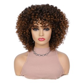Lady Hanne Afro Kinky Curly Wig With Bangs Short Curly Afro Wigs for Black Women 12 Inches Ombre Brown Synthetic Curly Wigs