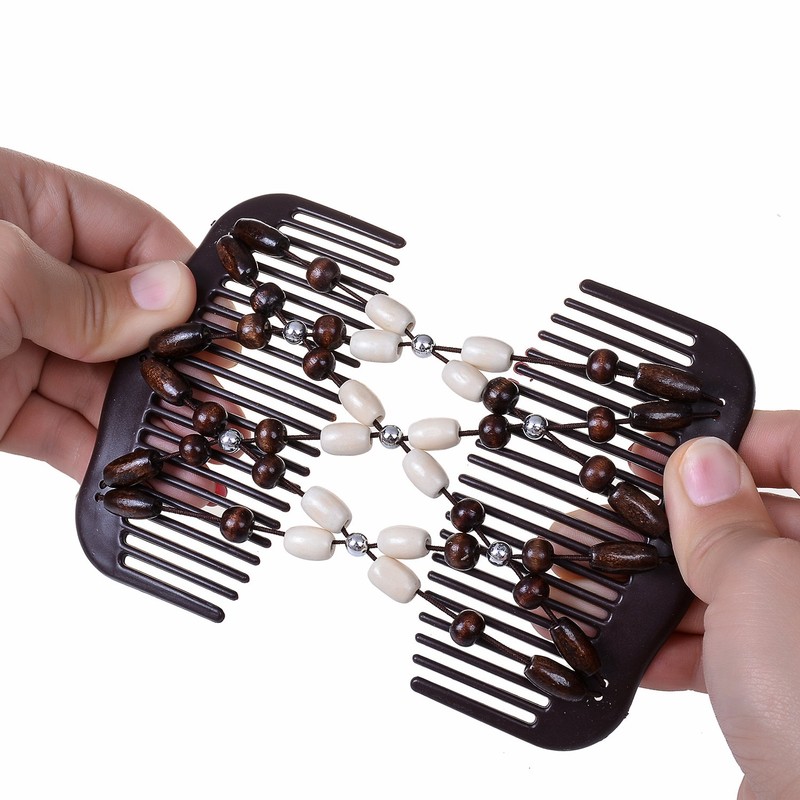 LOVEF Women Magic Hair Combs Wood Beaded Stretch Double Side