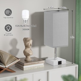 Ambimall Touch Control Table Lamp with USB A+C Charging Ports - 3 Way Touch Lamps Bedside, Nightstand Lamp for Bedrooms Living Room Nursery, LED Bulb Included(Grey Shade)