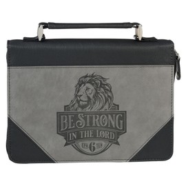 Christian Art Gifts Classic Premium Vegan Leather Inspirational Bible Cover for Men & Women: Be Strong Encouraging Scripture, Heat-Debossed Lion Design, Sturdy Pen Loops, Pockets, Black & Gray, Large