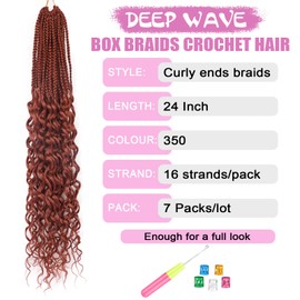 Ginger Deep Wave Box Braids Crochet Hair for Black Women 24 Inch 7 Packs Pre Looped Goddess Box Braids with Curly Ends Wavy Crochet Braiding Hair Water Wave Crochet Braids(Ginger)