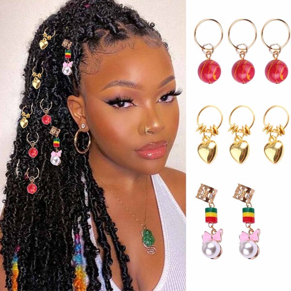 Woeoe Black Women Box Braid Rings Clip Gold Love Hair Rings Jewelry African Beads Dreadlock Charms Accessories(8PCS)