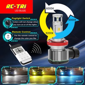 Alla Lighting 5200Lms 9140 9145 H10 LED Fog Lights Bulbs w/Remote Control, 3-Color 6K White/3K Yellow/8K Blue PY20D 9155 Switchback Fog Lamps