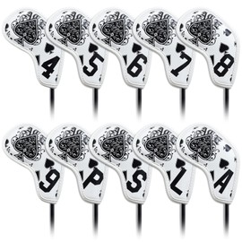 Golf Iron Club Head Covers Magnetic 10pcs 4-9,P,A,S,L Right Hand White PU Leather Lucky777 Pattern