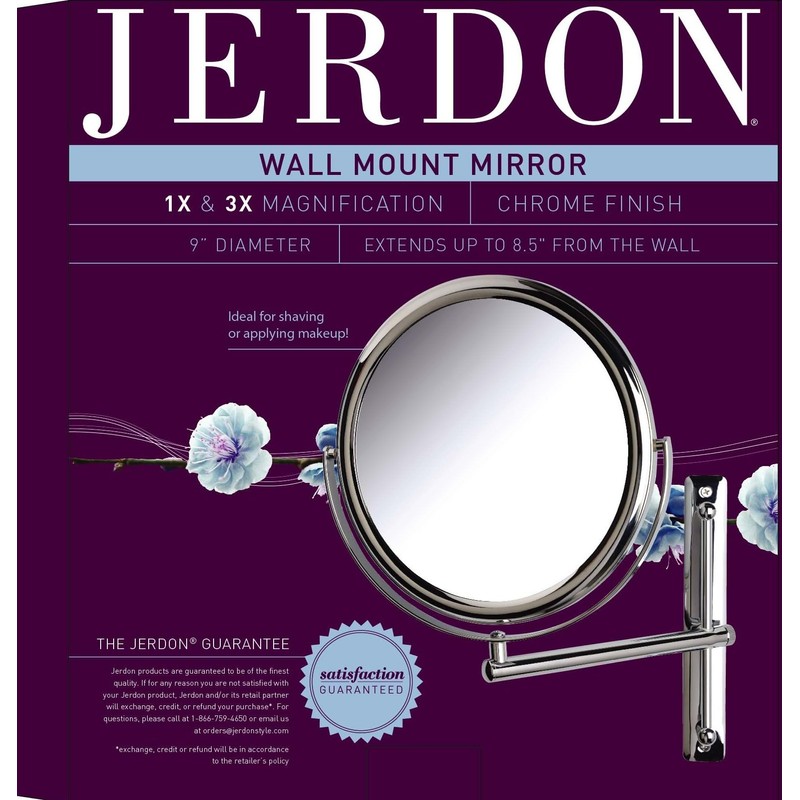 JERDON Two-Sided Wall-Mounted Makeup Mirror with 3X-1X Magnification –9” Diameter