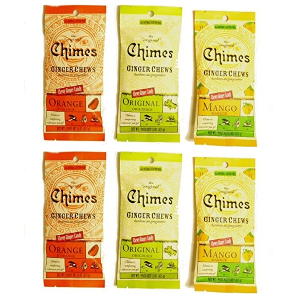 Chimes' Ginger Chews - Variety Pack - Original, Mango, and Orange (Pack Of 6)