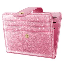Simikol Slim Bifold Wallet RFID Credit Card Wallet Glitter Leather Small Cute Card Holder for Women, Pink