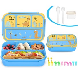 Sunhanny - Lonchera para niños, caja de almuerzo Bento para niñas y niños, con 4 compartimentos, contenedor de salsa, utensilios, púas de comida y magdalenas, dinosaurio azul