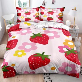 YIXINZHUANJIN Full Girls Strawberry Red Comforter Cover Bedding Sets Girl Women Duvet Cover Set for Kids Strawberry Duvet Cover Set Bedroom Decor,1 Duvet Cover and 2 Pillow Shams - 80x90 inches