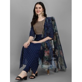VredeVogel Women's Chanderi Modal Butti Kurta with Stretchable Leggings & Organza Dupatta Set (Blue_Large)
