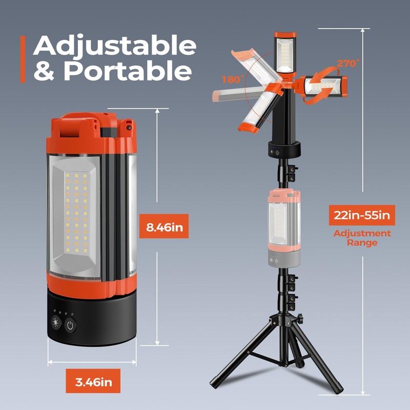 Rechargeable 12000mAh Camping Light with Adjustable Stand, Cordless Work Light