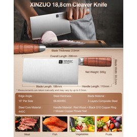 XINZUO 7.4 Inch Professional Chinese Chef Knife,Razor-Sharp Composite Stainless Steel Cleaver Kitchen Knife For Cutting Meat，Vegetable With Red Wood Handle