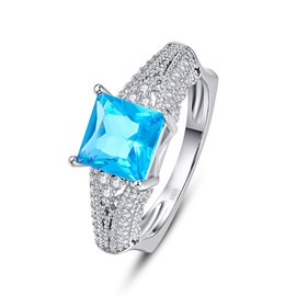 Psiroy 925 Sterling Silver Plated Princess Cut Simulated Blue Topaz Engagement Ring for Women Size 6